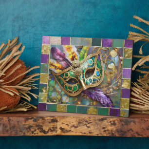 Mardi Gras Grün und Gold Farbige Federn Maske Fotoplatte