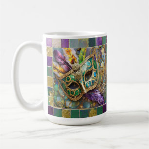 Mardi Gras Grün und Gold Farbige Federn Maske Kaffeetasse