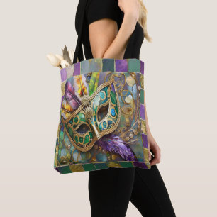 Mardi Gras Grün und Gold Farbige Federn Maske Tasche