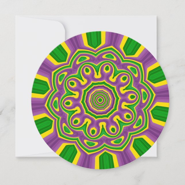 Mardi Gras Grünes Gelbes Lila Muster Mandala Einladung (Vorderseite)