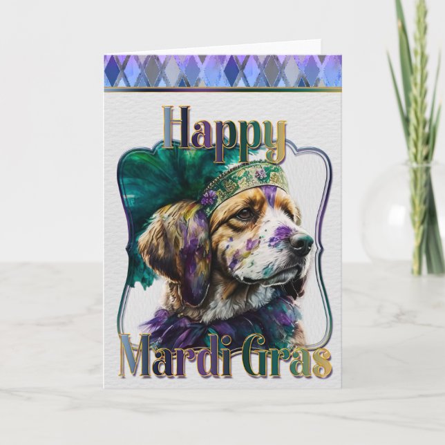 Mardi Gras Grußkarte, Mardi Gras Spaniel Karte (Vorderseite)