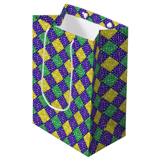 Mardi Gras Harlequin Diamond Karnevalsmuster Mittlere Geschenktüte (Vorderseite Schrägansicht)