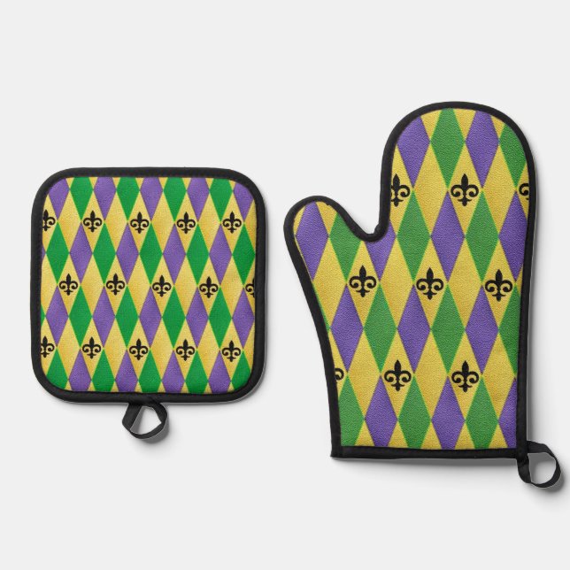 Mardi Gras Harlequin Lilie Ofenhandschuh & Topflappen-Set (Vorderseite)