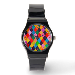 MARDI GRAS HARLEQUIN PATTERN Farbenfrohe Rhombi Wa Armbanduhr