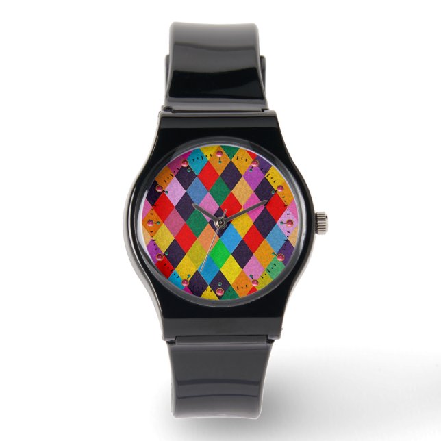 MARDI GRAS HARLEQUIN PATTERN Farbenfrohe Rhombi Wa Armbanduhr (Vorderseite)