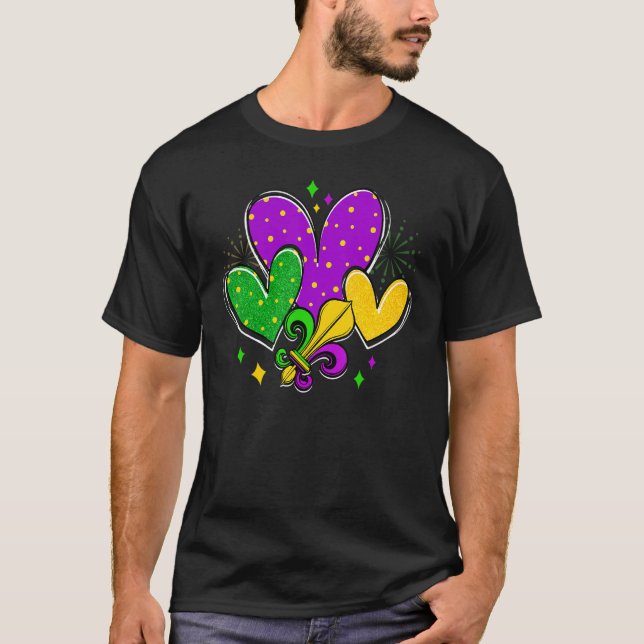 Mardi Gras Hearts Love Mardi Gras Fleur De Lys Fes T-Shirt (Vorderseite)