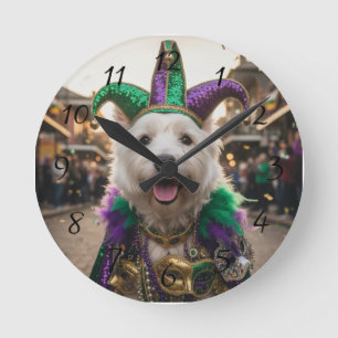 Mardi Gras-Hund-Narrenkostüm Runde Wanduhr