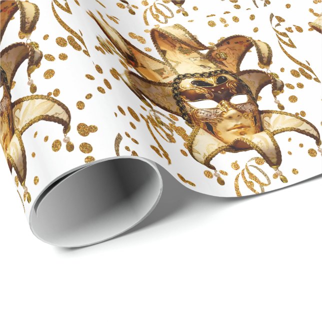 Mardi Gras Karneval Goldmaske mit Confetti Geschenkpapier (Rolleneckpunkt)
