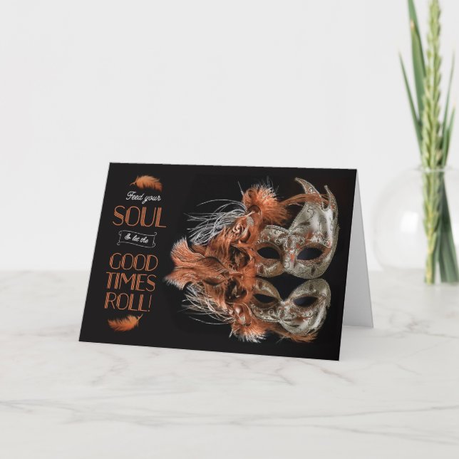 Mardi Gras Karneval Maske mit Federn in Bronze Karte (Vorderseite)