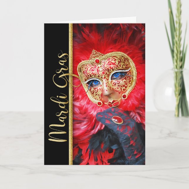 Mardi Gras Karneval Maske mit roten Federn Karte (Vorderseite)