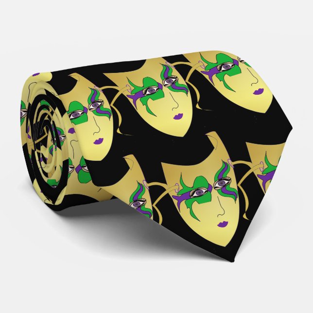 Mardi Gras Karnevalsmaske auf der schwarzen Neckbi Krawatte (Gerollt)