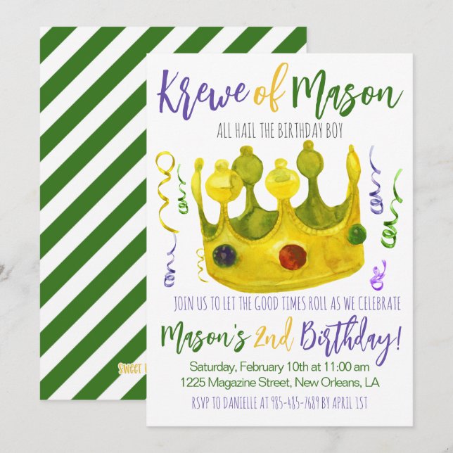 Mardi Gras King Birthday Einladung (Vorne/Hinten)