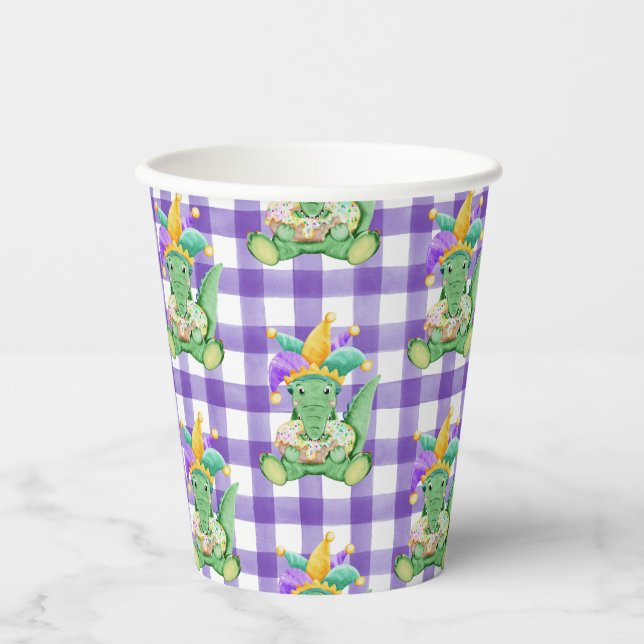 Mardi Gras King Cake Gator und Gingham Paper Cup Pappbecher (Vorderseite)