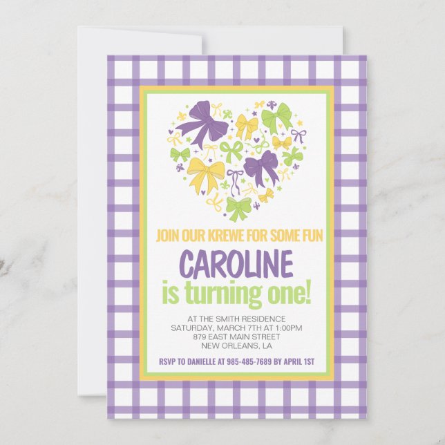 Mardi Gras Krewe Coquette Bow Erster Geburtstag Einladung (Vorderseite)