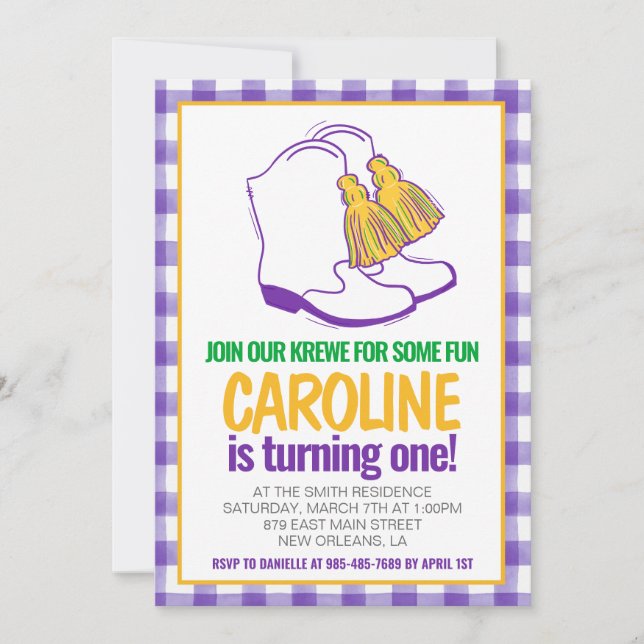 Mardi Gras Krewe Marching Boots First Birthday Einladung (Vorderseite)