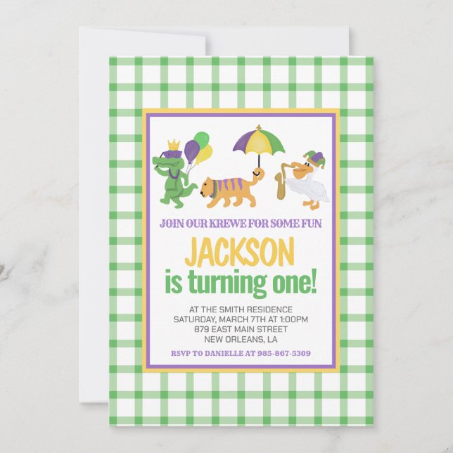 Mardi Gras Krewe Niedlich Parade Erstgeburt Einladung (Vorderseite)