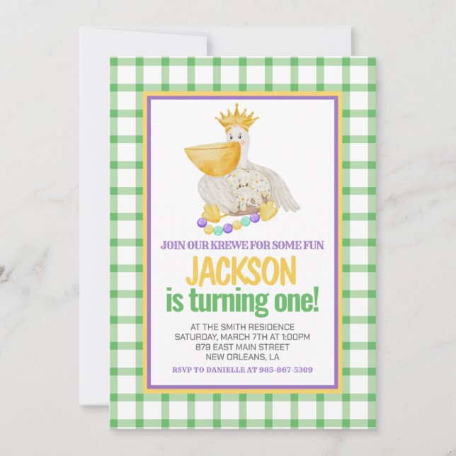 Mardi Gras Krewe PELICAN King Cake zum ersten Gebu Einladung (Vorderseite)