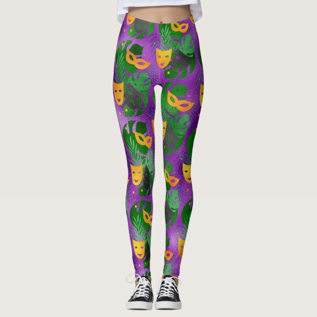 Mardi Gras Leggings, Mardi Gras Masken & Blätter Leggings (Vorderseite)