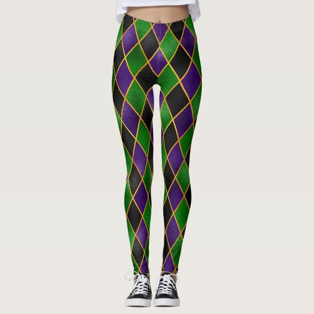 Mardi Gras Leggings, Mardi Gras Raute Jester Leggings (Vorderseite)