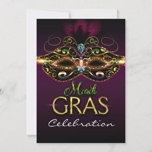 MARDI GRAS Lila farbenfrohe Maske Party Einladunge Einladung (Vorderseite)