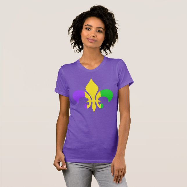 Mardi Gras Lila Gelb Fleur-de-Lis T-Shirt (Vorne ganz)