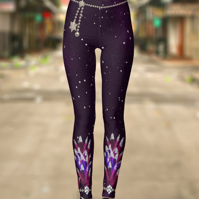Mardi Gras Lila Glitzer Feather Pendant Leggings (Have fun at the Mardi Gras Carnival in a pair of these faux feather pendant leggings!)