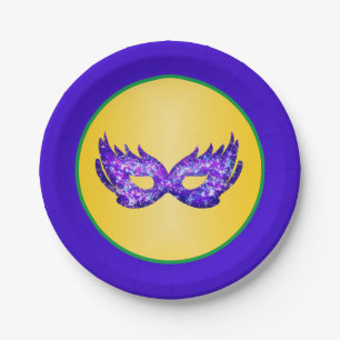 Mardi Gras Lila Glitzer Mask Pappteller