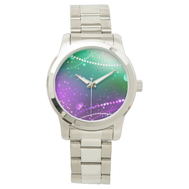 Mardi Gras Lila Hintergrund Armbanduhr (Vorderseite)