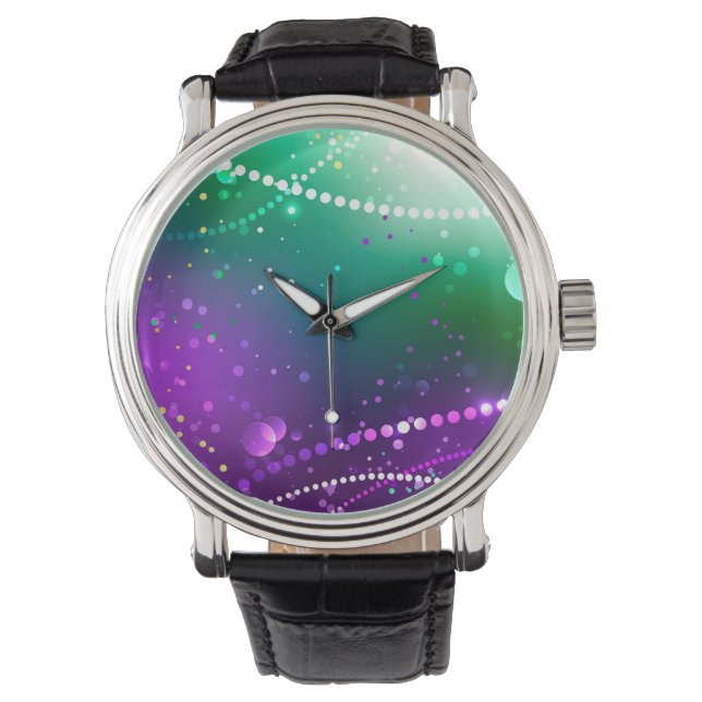 Mardi Gras Lila Hintergrund Armbanduhr (Vorderseite)
