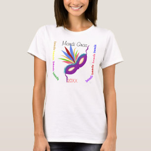 Mardi Gras Lila Mask Farbenfrohe Perlen Spaß T-Shirt