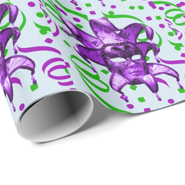 Mardi Gras Lila Maske mit Confetti Geschenkpapier (Rolleneckpunkt)