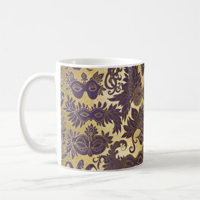 Mardi Gras Lila Masquerade Masken Imitate Gold Kaffeetasse (Links)