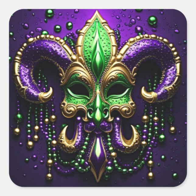 Mardi Gras Lilie Design Quadratischer Aufkleber (Vorderseite)