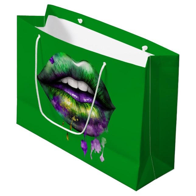 MARDI GRAS LIPS IN LILA GOLD GRÜNEN GROßE GESCHENKTÜTE (Vorderseite Schrägansicht)