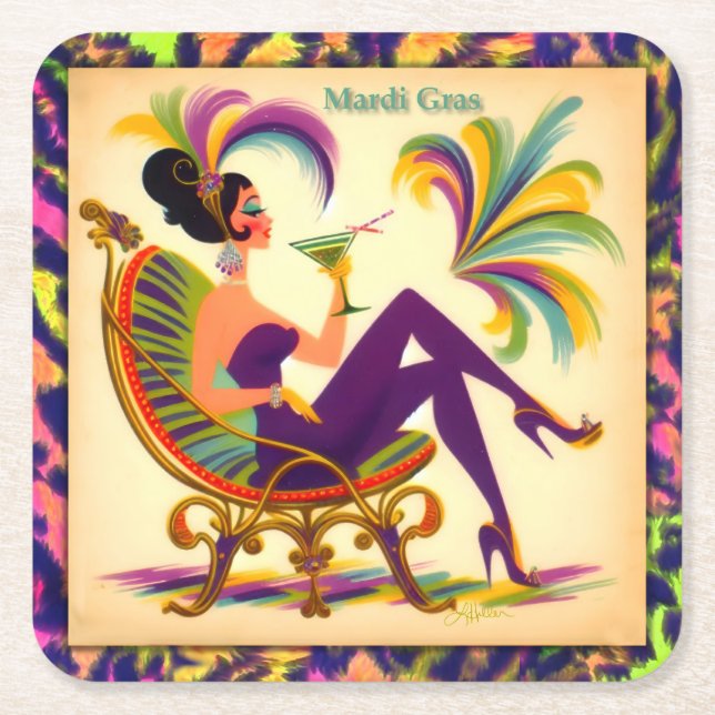 Mardi Gras Martini Woman Rechteckiger Pappuntersetzer (Vorderseite)