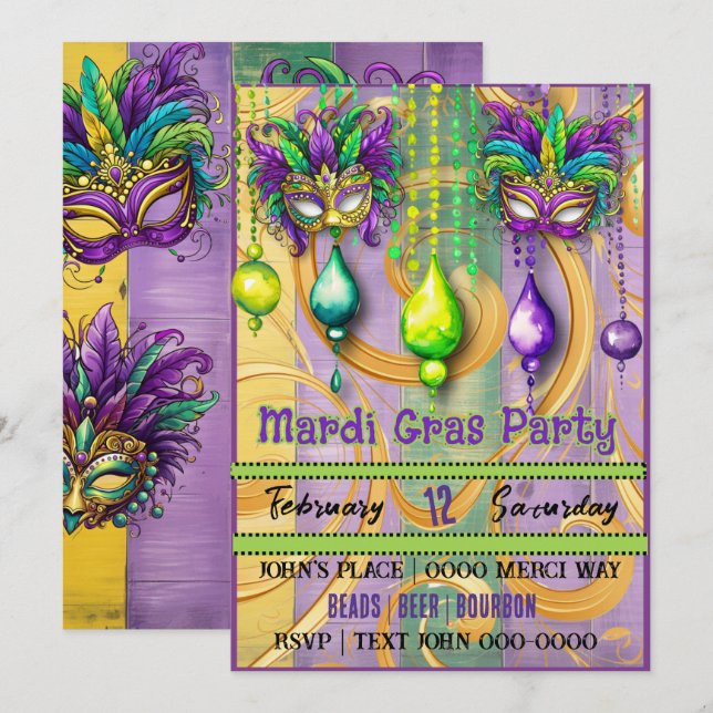 Mardi Gras Mask and Beads Party Einladung (Vorne/Hinten)