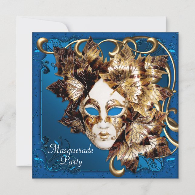 Mardi Gras Mask Blue Gold Masquerade Party Einladung (Vorderseite)
