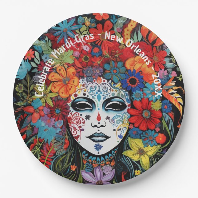 Mardi Gras Mask & Headdress Custom Text Party Pappteller (Vorderseite)