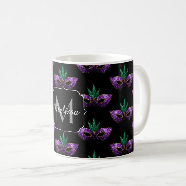 Mardi Gras Mask Lila Green-Gold-Sparkone-Monogramm Kaffeetasse (VorderseiteRechts)
