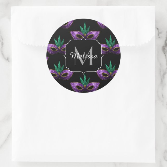 Mardi Gras Mask Lila Green-Gold-Sparkone-Monogramm Runder Aufkleber (Tasche)