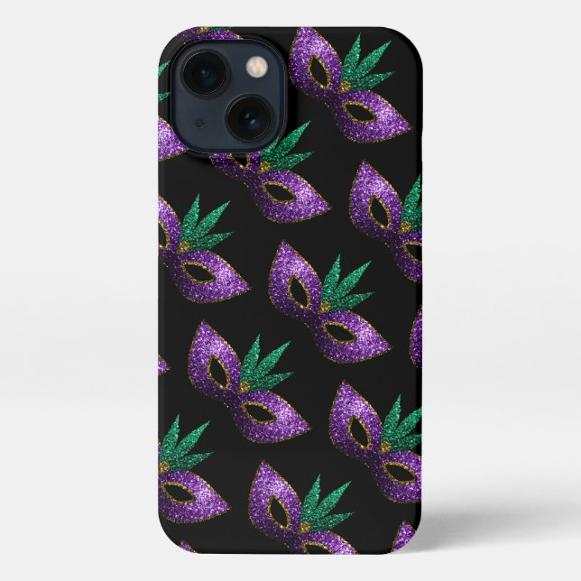Mardi Gras Mask Lila grüne Glitzern iPhone Hülle (Rückseite)