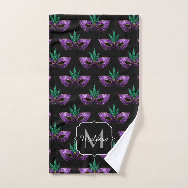Mardi Gras Mask Lila grüne Glitzern Monogram Badhandtuch Set (Handtuch)