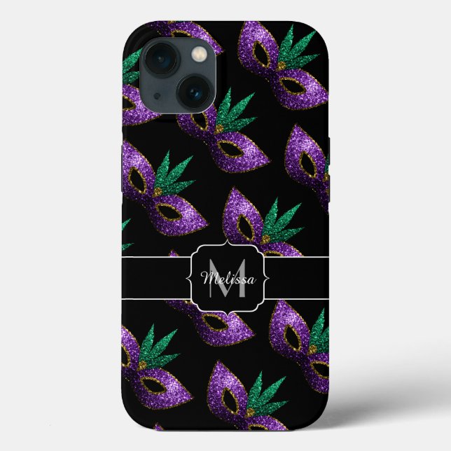 Mardi Gras Mask Lila grüne Glitzern Monogram Case-Mate iPhone Hülle (Rückseite)