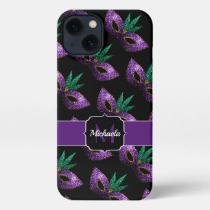 Mardi Gras Mask Lila grüne Glitzern Monogram iPhone Hülle