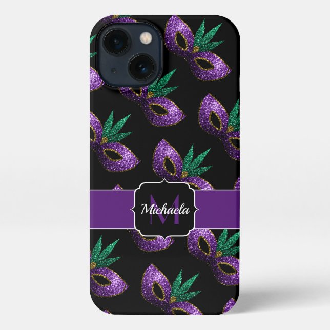 Mardi Gras Mask Lila grüne Glitzern Monogram iPhone Hülle (Rückseite)