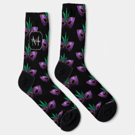 Mardi Gras Mask Lila grüne Glitzern Monogram Socken