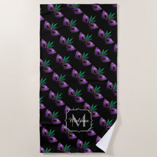 Mardi Gras Mask Lila grüne Glitzern Monogram Strandtuch