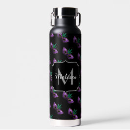 Mardi Gras Mask Lila grüne Glitzern Monogram Trinkflasche