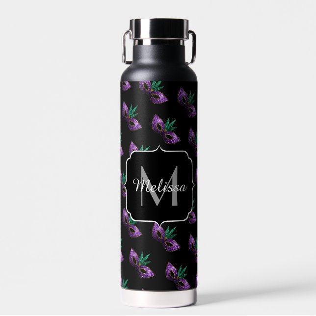 Mardi Gras Mask Lila grüne Glitzern Monogram Trinkflasche (Vorne)