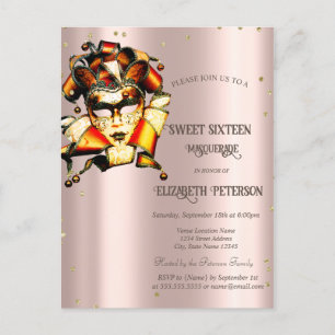 Mardi Gras Maske Diamanten Roségold Sweet 16 Einladungspostkarte